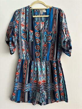 Bohemian Printed Mini Dress Romper in Blue and Red